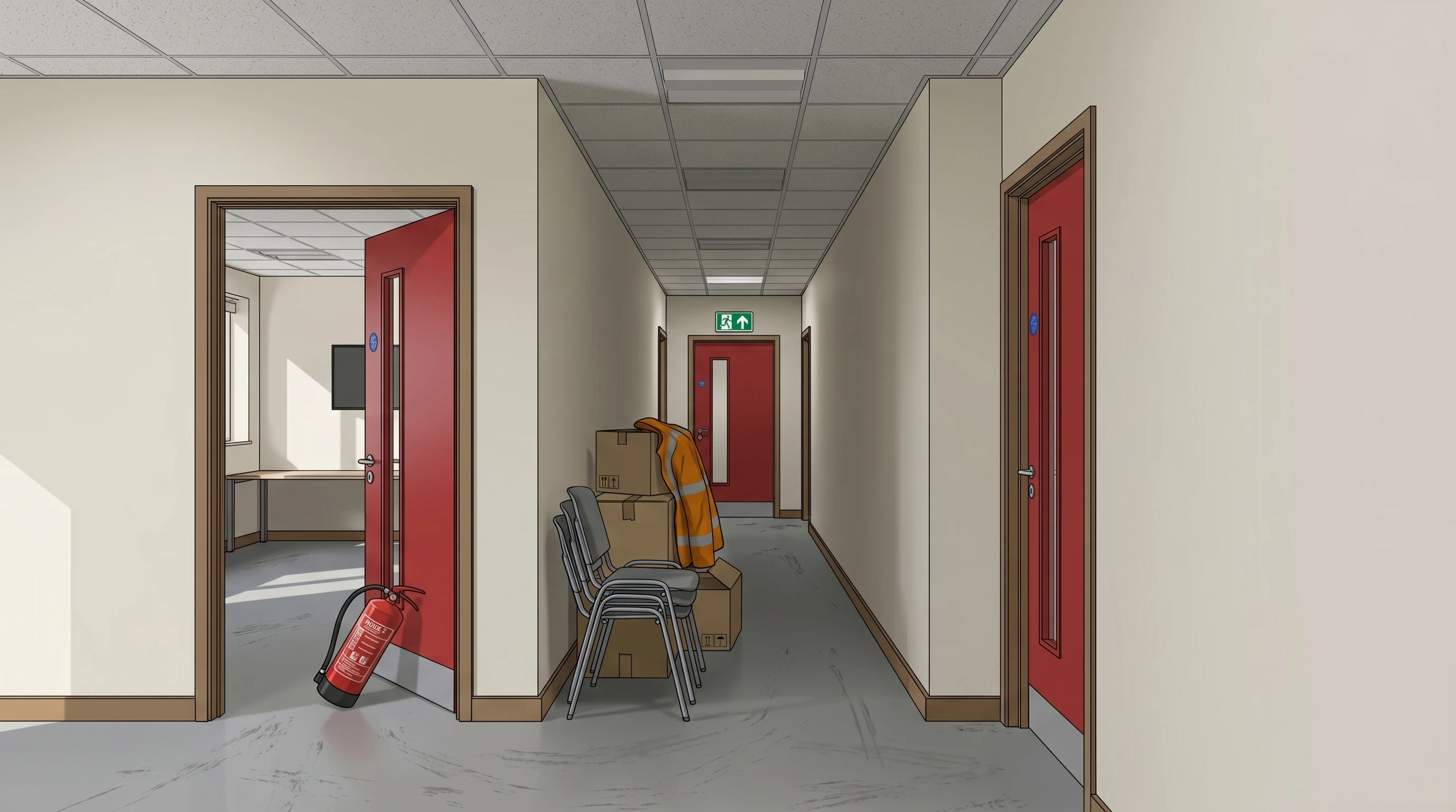 Same UK office corridor in daily use: identical camera, walls, floor, ceiling and door positions to the as-built reference. Left-wall FD30S door propped open INTO the side room by a red BS EN 3 portable fire extinguisher standing upright on the floor inside the room against the door leaf (signal-red cylindrical body, black top cap) -- a clear misuse of safety equipment. Right-wall FD30S door closed flush. No wedges anywhere. Cardboard boxes, folded stacking chairs and an amber hi-vis coat against the left wall obstructing escape width, one ceiling troffer dimmed, international safety-sign guidance exit sign still lit -- only the in-use state has changed