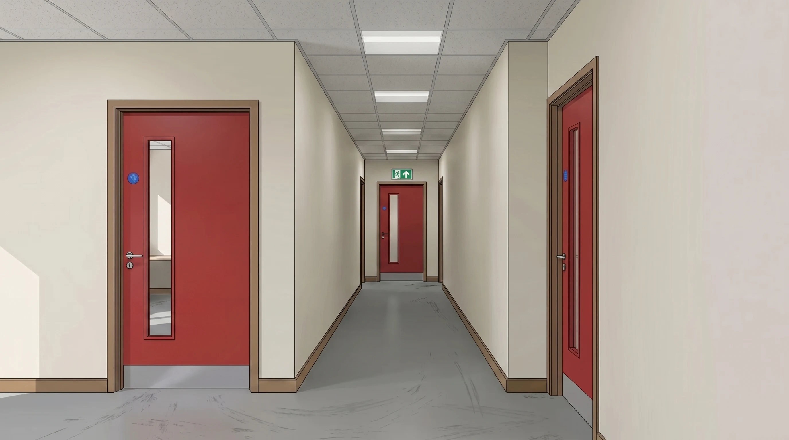 Newly built UK office corridor in semi-realistic technical illustration style, identical camera and geometry to the daily-use reference: red-painted FD30S fire doors with warm timber frames and blue FD30S plugs, BOTH side-wall doors CLOSED flush with the wall, international safety-sign guidance green running-figure exit sign above the final exit door at the far end, even 5500K LED ceiling troffers, clean empty corridor, no extinguisher, no boxes, no chairs, no coats, no wedges -- pristine post-handover state
