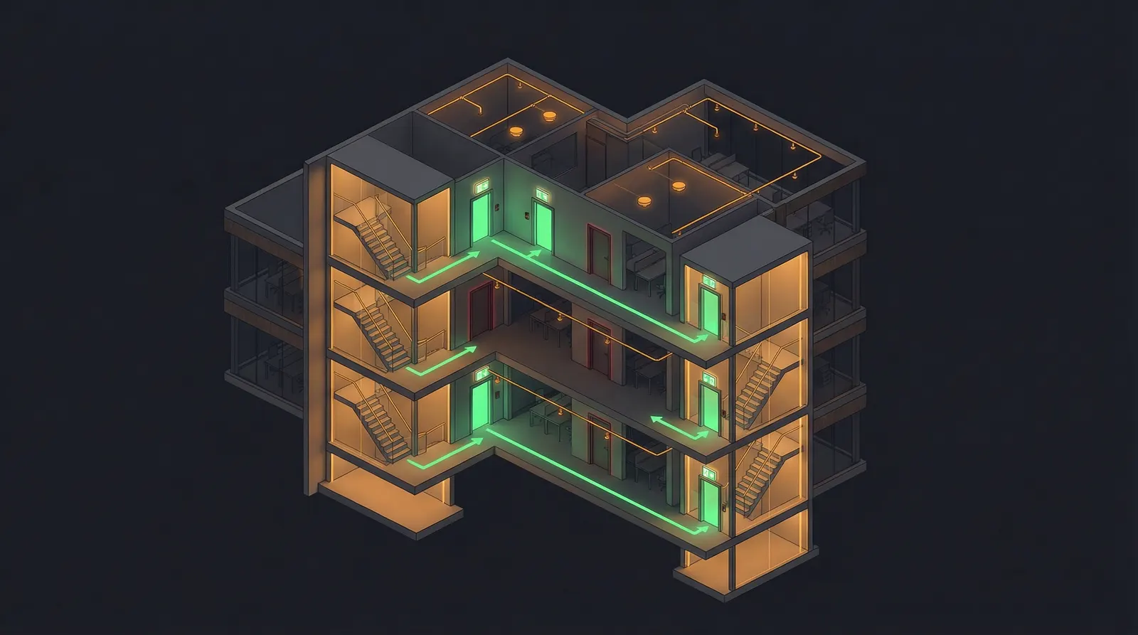 Building cross-section with fire safety features, empty (dark mode)