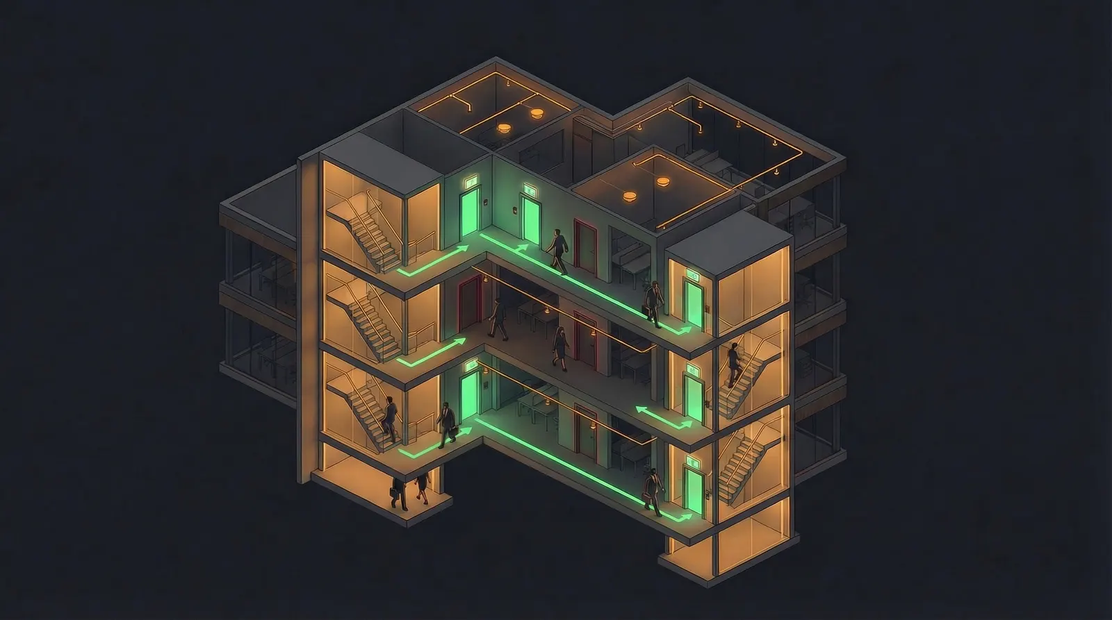 Building cross-section with workers walking calmly through (dark mode)