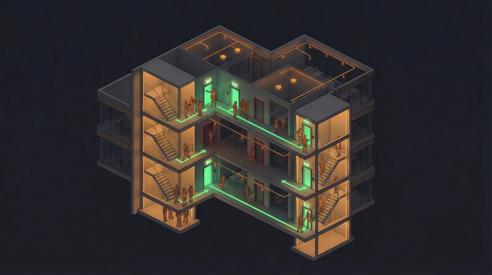 Building cross-section with workers distributed across multiple floors (dark mode)