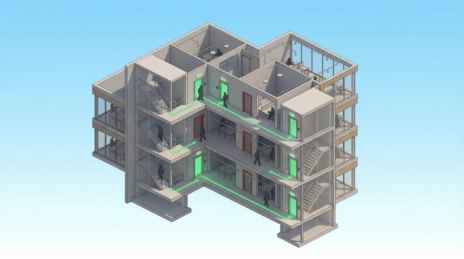Building cross-section with fire safety features, empty (day)