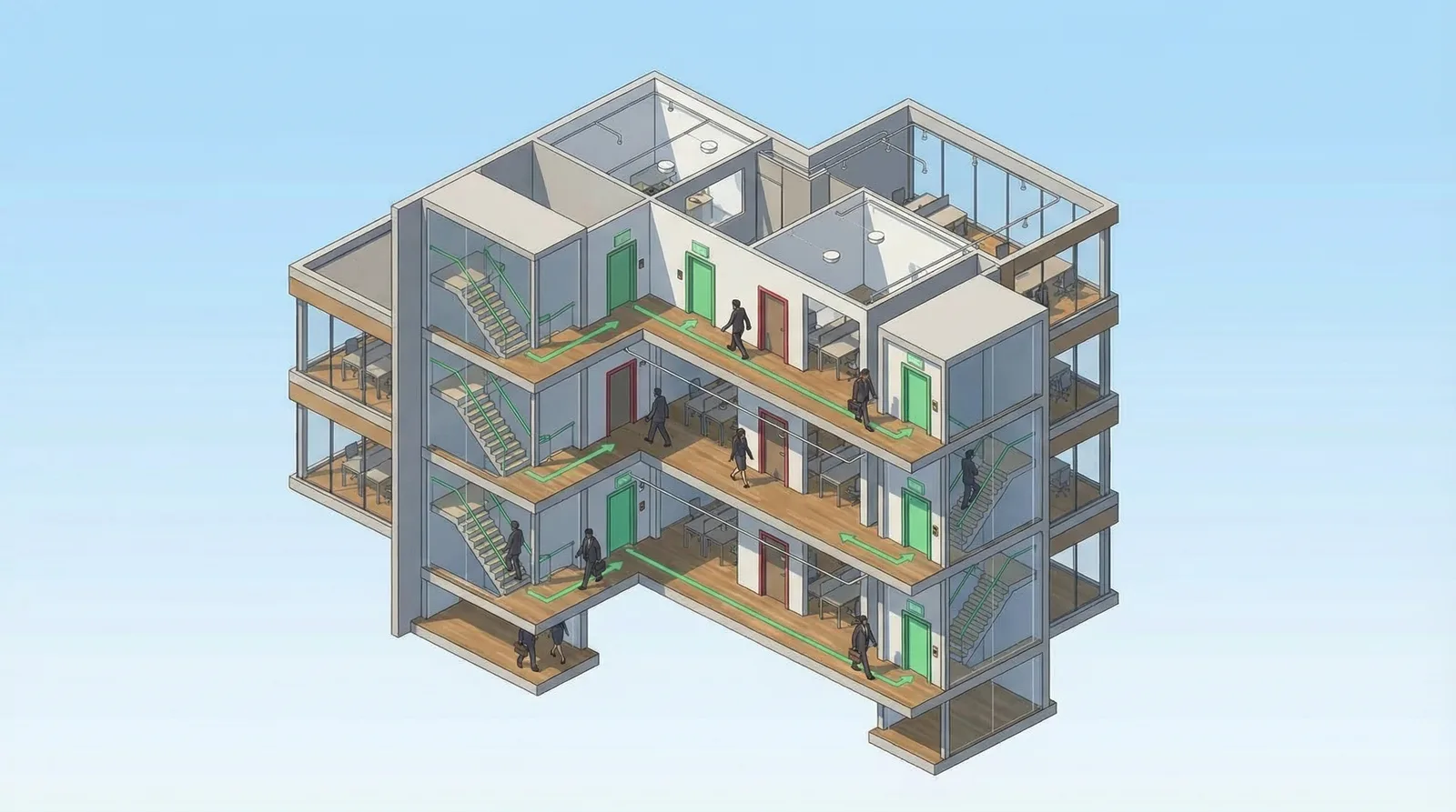 Building cross-section with workers walking calmly through (day)