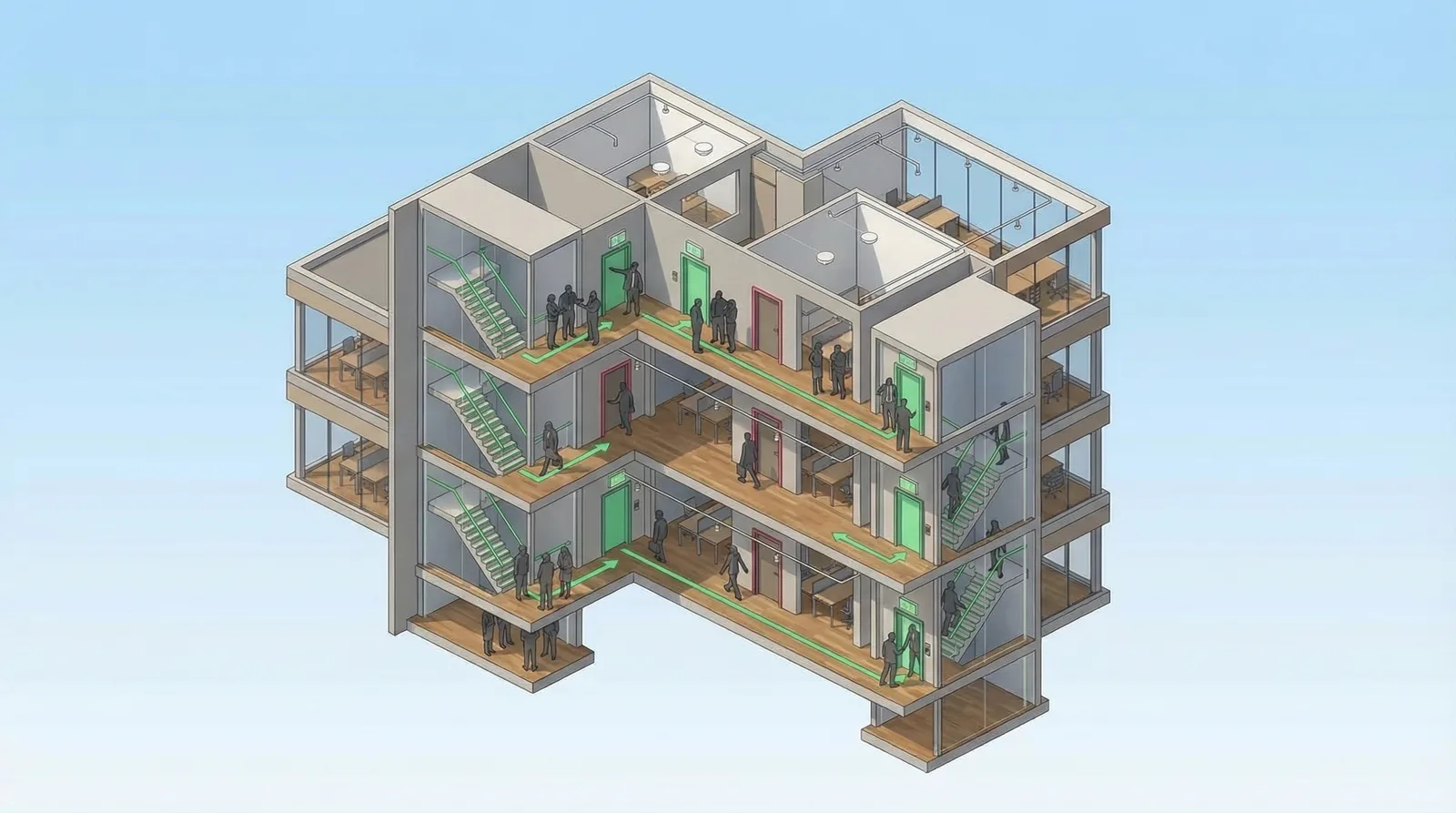 Building cross-section with workers distributed across multiple floors (day)
