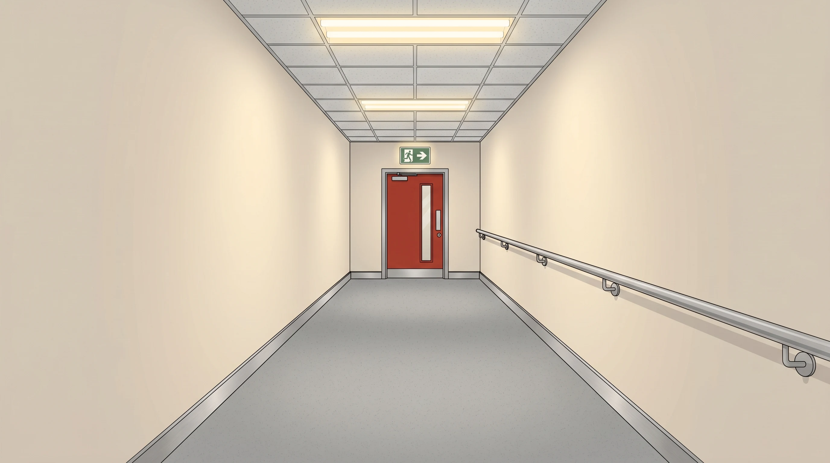 Properly lit corridor with emergency lighting, exit signs, clear path