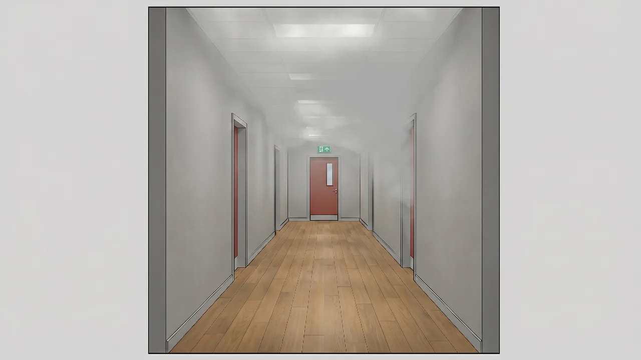 Stage 2: Light haze forms along the upper corridor ceiling, ceiling lights dim to a diffused glow, lower corridor still clear