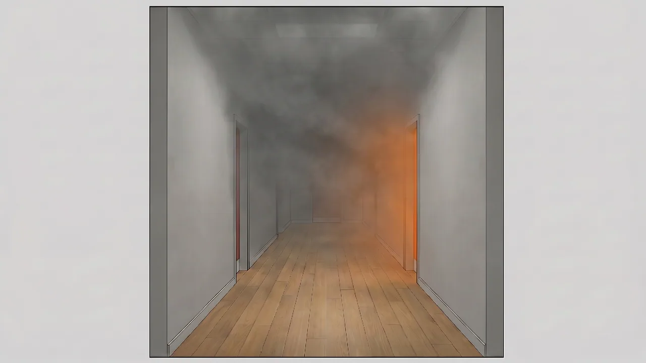 Stage 3: Dense untenable smoke fills the upper two-thirds of the corridor, visibility reduced to ~2m, an orange glow from the source doorway