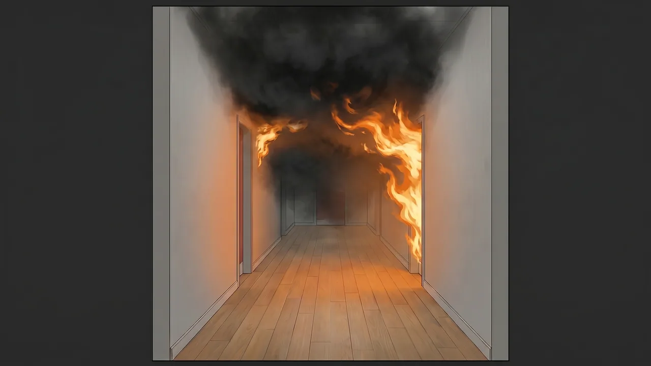 Stage 4 (Flashover): Flames erupt at the source doorway, thick black smoke billows along the ceiling, corridor fully unusable