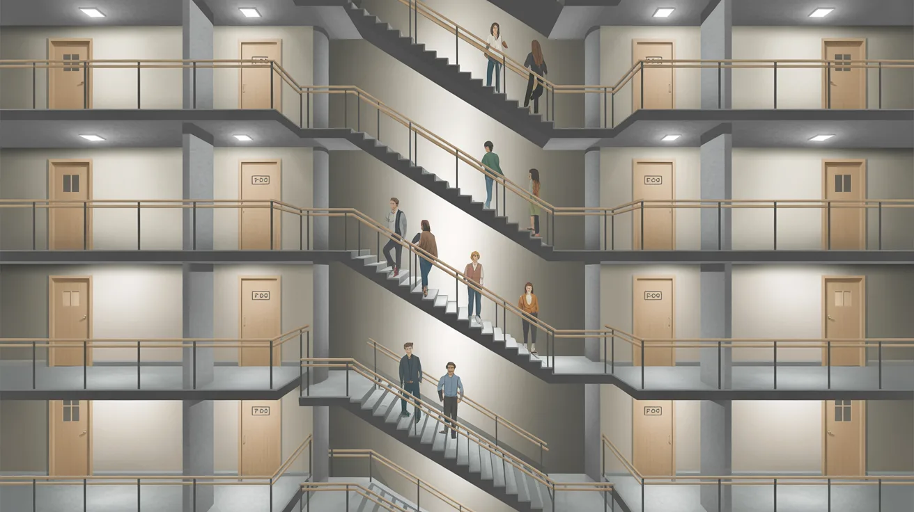 Cross-section of a five-storey office stairwell with a small number of workers descending freely, good spacing between individuals and no queuing