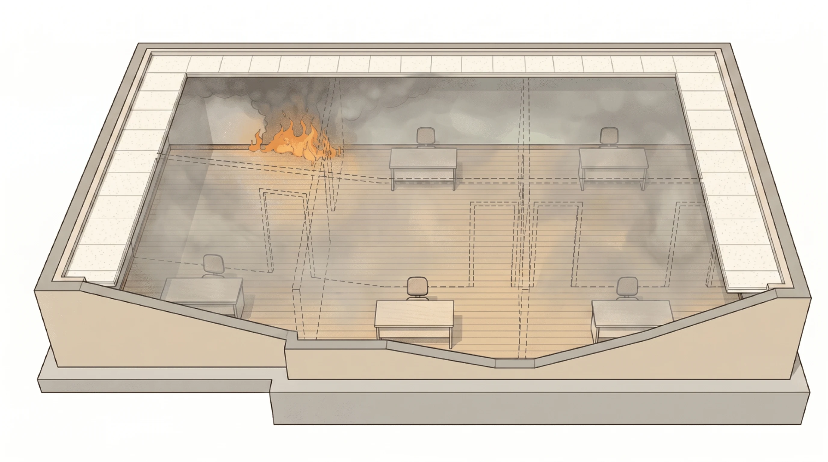 Same office floor with the interior compartment walls removed. Smoke has filled the whole open floor-plate from a single ignition.