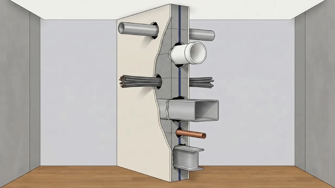 Wall section cutaway with six unsealed service penetrations through a fire wall