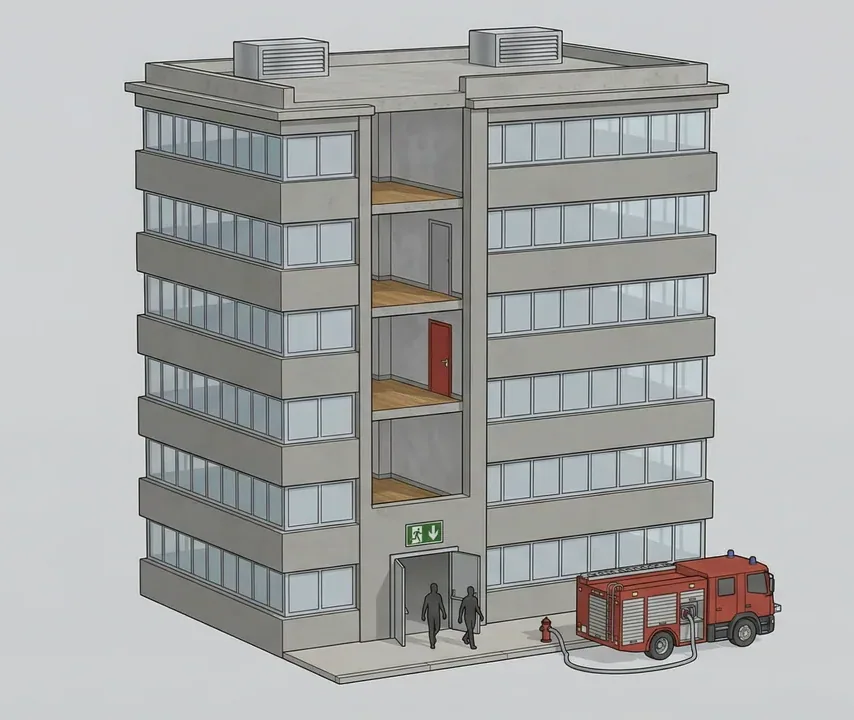 Cutaway view of a commercial building showing escape routes, fire doors, compartmentation, rooftop smoke vents, and a fire service engine at the kerb -- a visual summary of the holistic fire-safety system