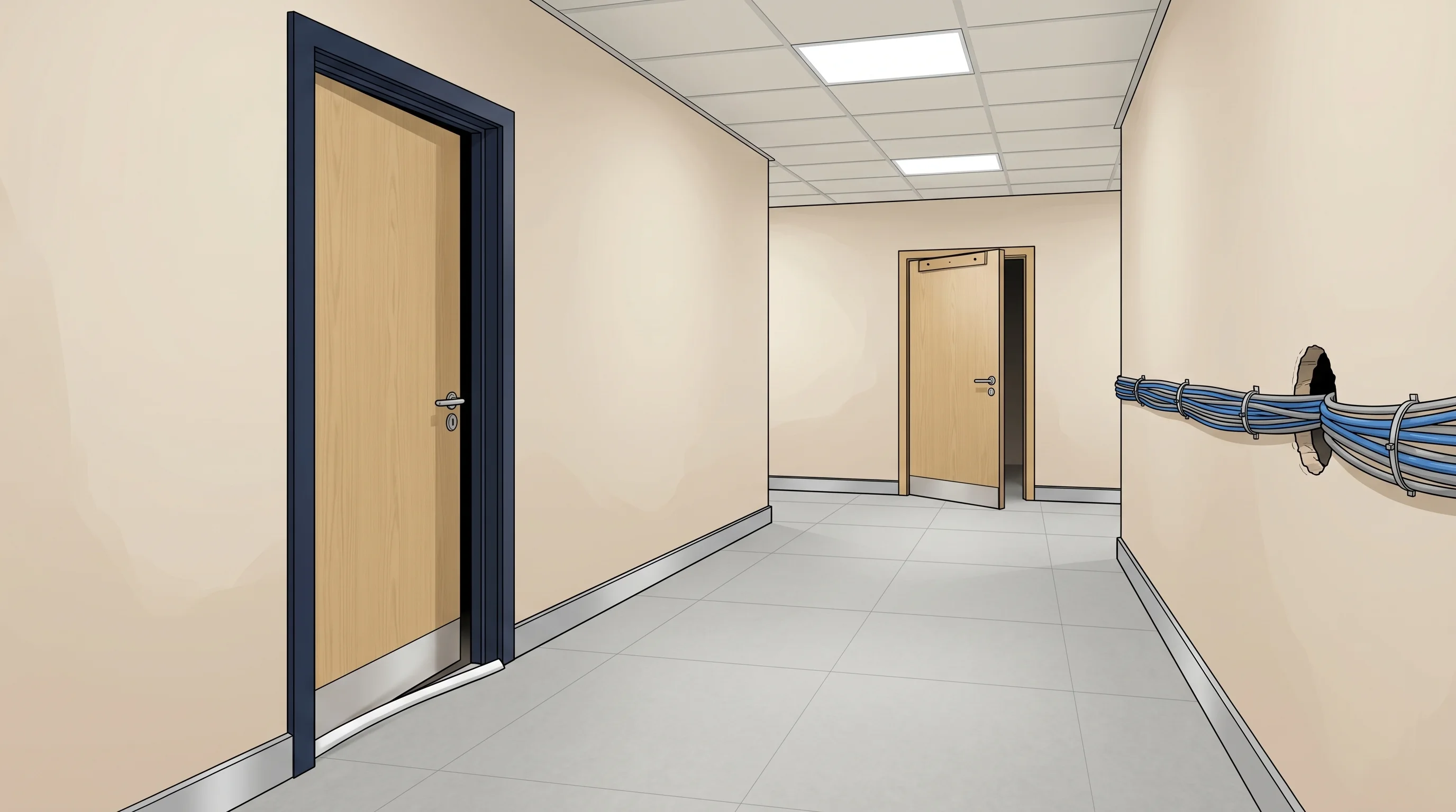 Corridor scene showing four workmanship defects: door frame gap, missing closer, unsealed cable penetration, and wrong-rated intumescent