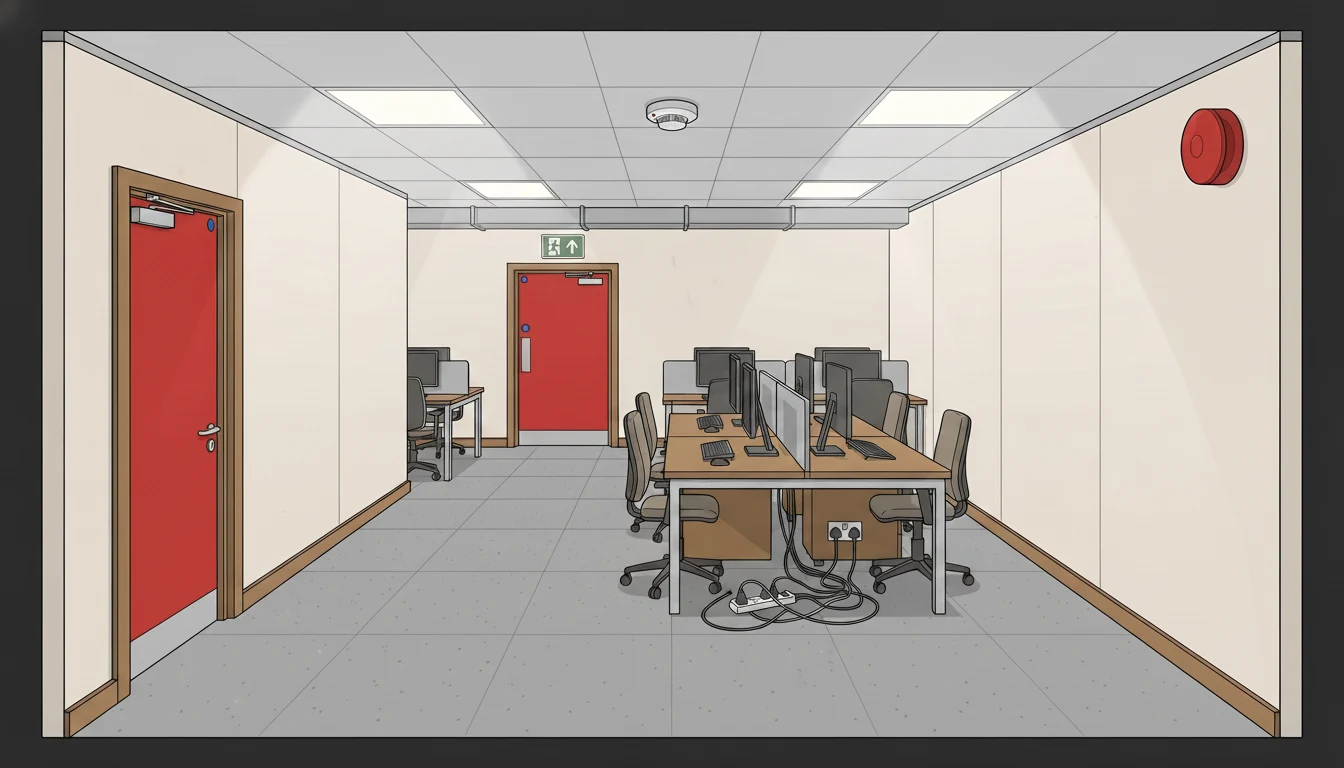 Before ignition: UK open-plan office floor in normal everyday state. Extension lead plugged into wall socket beneath a desk, cables tidy, no fire, no smoke, air clear. Closed red FD30S meeting-room door on the left, closed red stairwell fire door at the far end with international safety-sign guidance exit pictogram above, ceiling smoke detector idle, wall-mounted sounder-beacon silent. Click Ignition to begin the detection sequence.